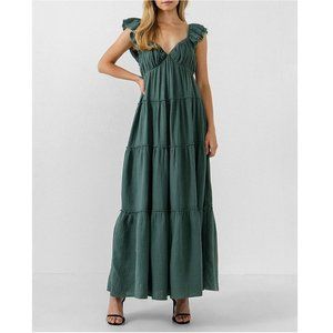 Free the Roses Green Ruffle Sleeve Tiered Maxi Sweetheart Neckline Dress Large